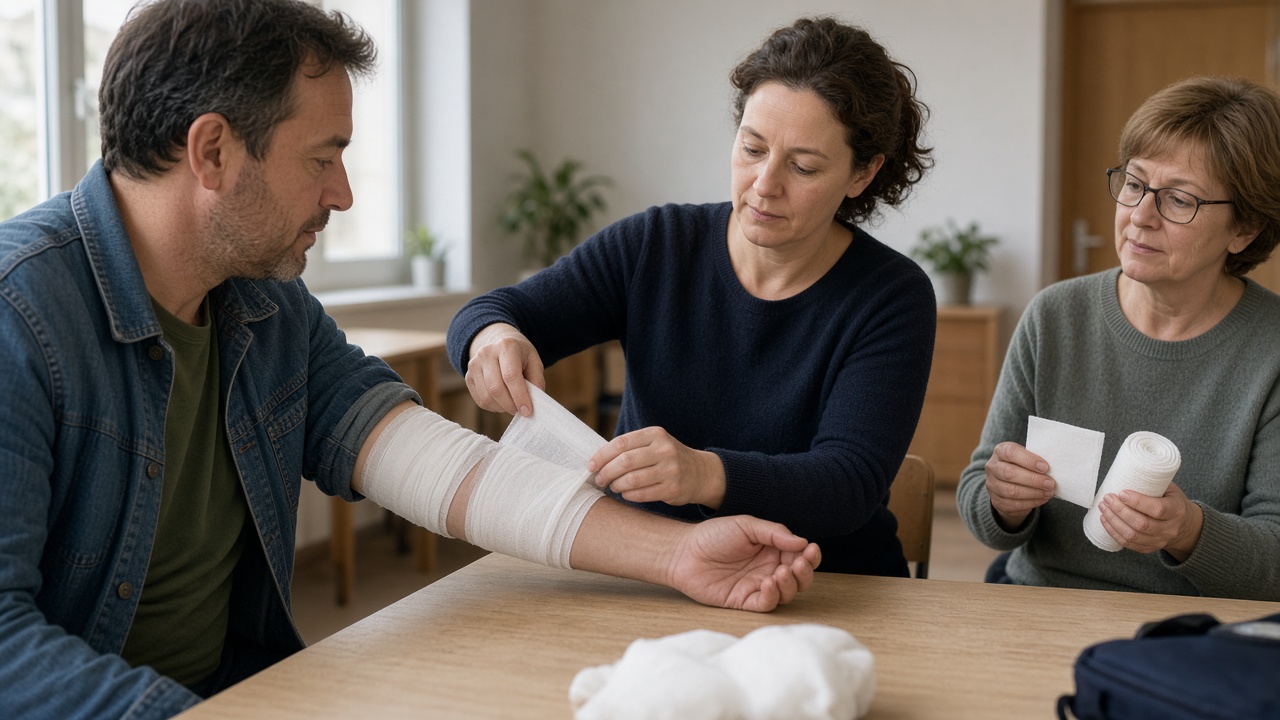 First-aid practice — wrapping a gauze bandage on a forearm
