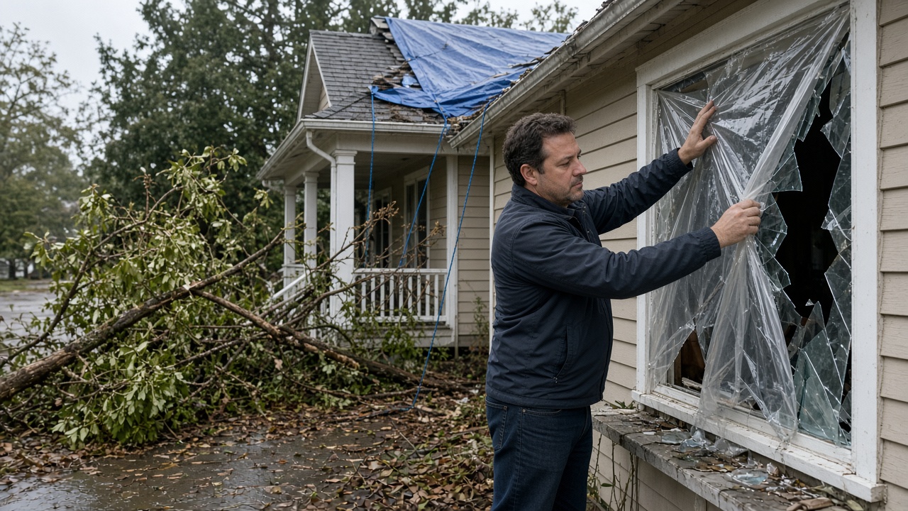 A neighbor covering a broken window after a storm