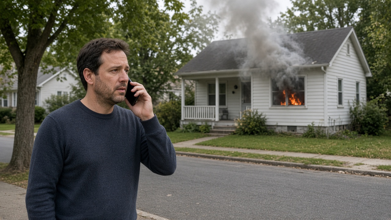 A neighbor calling for help as a house fire starts